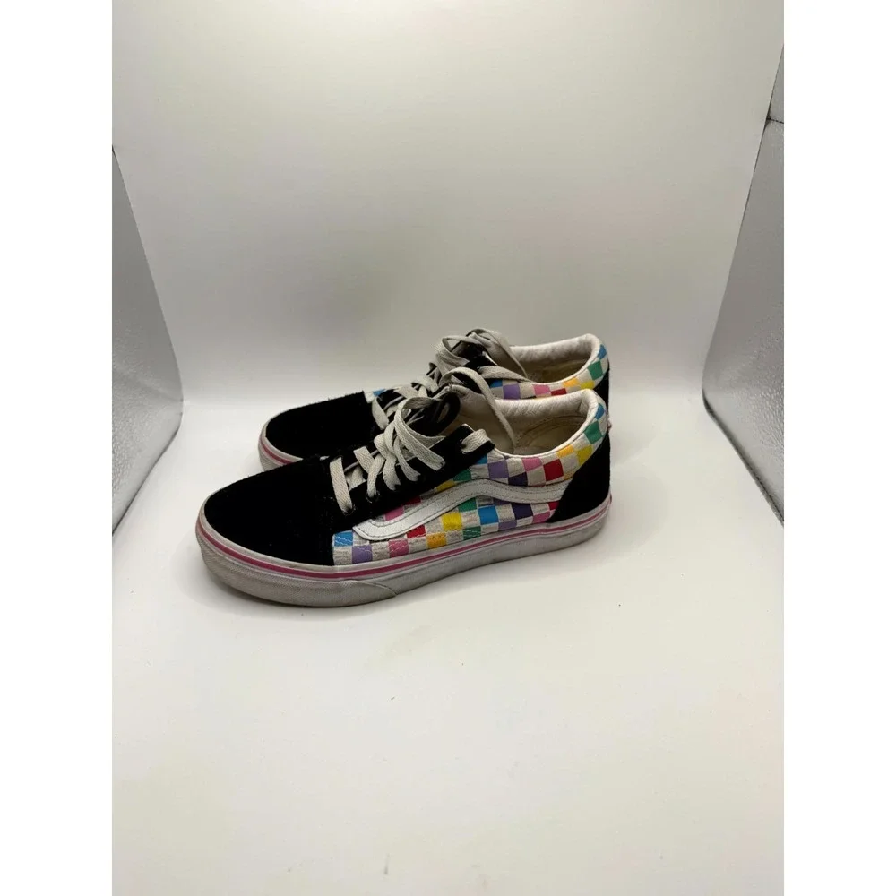 Vans Old Skool Rainbow Checkerboard Unisex Kid 4 Sneaker Black Suede Skate Shoes